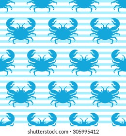 Seamless pattern with blue crab icons over striped background