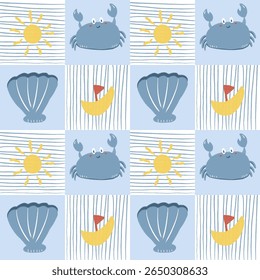 Seamless pattern of blue crab, blue shell, yellow boat and yellow sun with blue stripe suitable for clothes summer design. digital seamless pattern summer