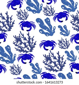 Seamless pattern of blue crabs, seaweeds and corals. Vector graphics.