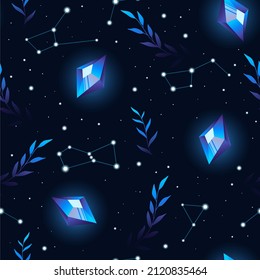 Seamless pattern with blue crystals of stones, herbs and constellations. Trendy texture for print, textile, packaging.