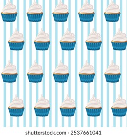 Seamless pattern blue cupcake with cream, sweetness dessert. Muffin. Flat style. Birthday, holiday, congratulations, concept of invitation. Vector illustration for banner, postcard, packaging.