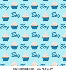 Nahtloses Muster blauen Cupcake mit Creme und Text Boy. Muffin. Flacher Stil. Geburtstag, Urlaub, Glückwünsche, Konzept der Einladung. Vektorgrafik für Banner, Postkarte, Verpackung.