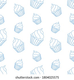 A Seamless Pattern With Blue Cupcake Outline. Birthday Background. Vector Illustration.