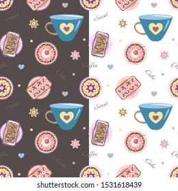 Seamless pattern with blue cups, bright sweets and inscriptions.This pattern can be used for decorating greeting cards, invitations, parties, gift labels, stickers, labels, scrapbooking