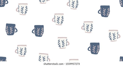Seamless pattern with blue cups of coffee illustrations on white background. Autumn and winter mood. Cosy home decorations isolated on white background. Scandinavian style