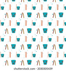 seamless pattern of blue cups and colored pencils