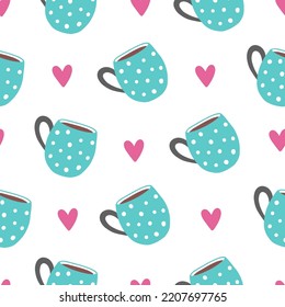 Seamless Pattern Of Blue Cups In Polka Dots And Pink Hearts. White Background. Cozy Illustration In Vintage Style. Concept For Tea Party, Social Media, Ceramic Store, Pottery Studio.