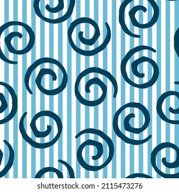 Seamless pattern with blue curls on blue and white striped background. Vector design for textile, backgrounds, clothes, wrapping paper, fabric and wallpaper. Fashion illustration seamless pattern.