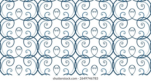 Seamless pattern of blue curls on white background. Frost pattern on the window. Ethnic folk ornament in nordic style. Monochrome ornamental background of swirls. Winter holiday decor.