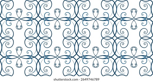 Seamless pattern of blue curls on white background. Frost pattern on the window. Geometric ornament in ethnic style. Monochrome ornamental background of swirls. Winter holiday decor.