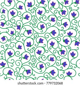 Seamless Pattern with Blue Curly Flowers on White Background. Vector Floral template for card, brochure, cover, textile, scrapbook etc.