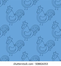 Seamless pattern blue with cute rooster. Seamless pattern with rooster .