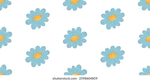 Seamless pattern with blue daisy flowers on a white background. Floral template for textile, wallpaper, wrapping paper, and print.