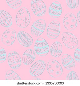 Seamless Pattern with Blue Decorated Easter Eggs Placed on the Pink Background. Easter Holiday Eggs with Hand Drawn Ornaments Scattered Chaotically.