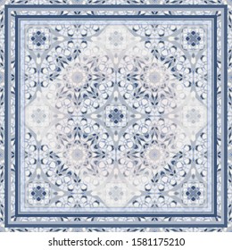 Seamless pattern in blue for decoration. Print for paper wallpaper, tiles, textiles, neckerchief. Scarf design. Frame.