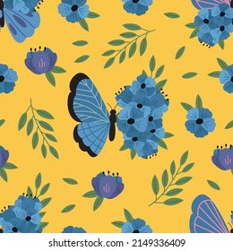 seamless pattern with blue decorative butterfly and flowers