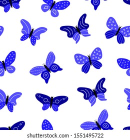 Seamless pattern with blue decorative doodle butterflies and geometric design on wings.