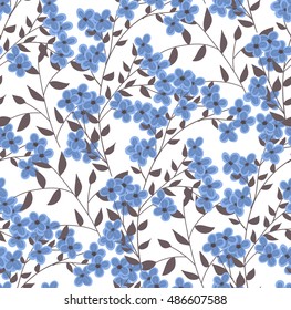 Seamless pattern with blue decorative flowers and branches.
