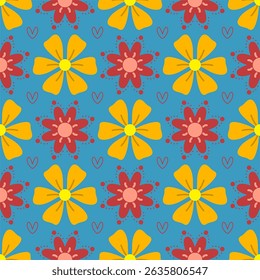 seamless pattern with blue deep color and Elegant botanical design featuring blooming flowers with yellow and red petals