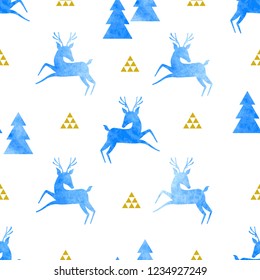 Seamless pattern with blue deer and Christmas trees with watercolor texture on a white background. Holiday background. Unique hand painted texture. Vector illustration.