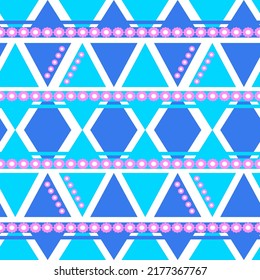 Seamless pattern blue diamond or triangle shape, white border on light blue background and decorated with pink flowers.