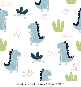 Seamless pattern with blue dinosaur. Kids cute print. Vector hand drawn illustration.