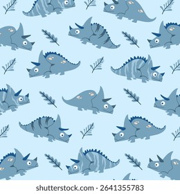 seamless pattern blue dinosaur pachyrhinosaurus illustration cute kids apparel design. This design is suitable for children's clothing textile industry