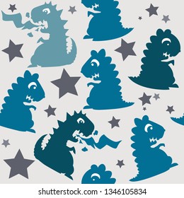 Seamless pattern with blue dinosaurs and dragon silhouette on white background with stars. Vector illustration.