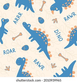 Patrón sin foco de dinosaurios azules con letras sobre fondo beige. Perfecto para el diseño infantil, tela, envoltura, papel pintado, textil, decoración casera.
