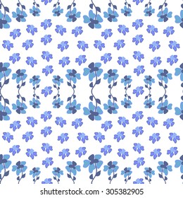 Seamless pattern with blue ditsy flowers on white background. 