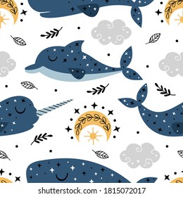 Seamless pattern with  blue dolphin, cachalot and narwhal in the sky