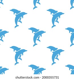 Seamless pattern with blue dolphins couple on white background. Marine simple texture. Vector illustration. Ocean ornament.