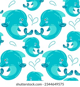 Seamless pattern. Blue dolphins with details on a white background. Imitation splashes, games. Vector illustration for printing on paper and textiles