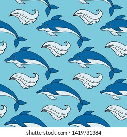 Seamless pattern blue dolphins on a blue background. Vector.