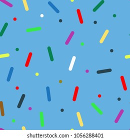 Seamless pattern with blue donut's glaze and many decorative bright sprinkles texture. Endless repeating background, abstract vector illustration.