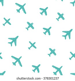 Seamless pattern - blue doodle airplanes