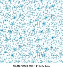 Seamless pattern with blue doodle gift boxes on white background. Can be used for wallpaper, pattern fills, textile, web page background, surface textures