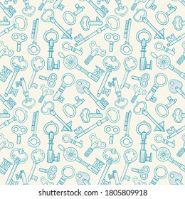 Seamless pattern with blue doodle keys. Can be used for wallpaper, pattern fills, textile, web page background, surface textures.