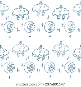 Seamless pattern blue doodle on a white background for nursery. Children's background with moons and cute bats sleeping on clouds.