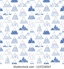Seamless pattern with blue doodle sketch mountains on white background.  Can be used for wallpaper, pattern fills, textile, web page background, surface textures