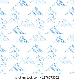 Seamless pattern with blue doodle sketch mountains on white background.  Can be used for wallpaper, pattern fills, textile, web page background, surface textures