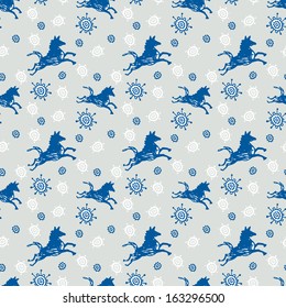 seamless pattern blue doodles ethnic horse
