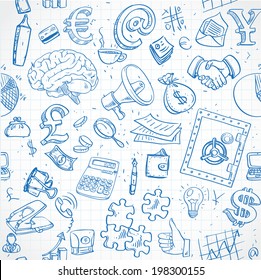 Seamless pattern of blue doodles on business and money theme on paper of cells