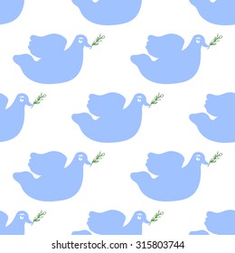 Seamless pattern blue dove with a sprig on a white background