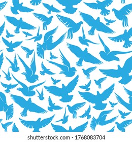 Seamless pattern with blue doves on a white background.