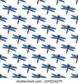 Seamless pattern of blue dragonflies on a white background. Stock vector illustration.