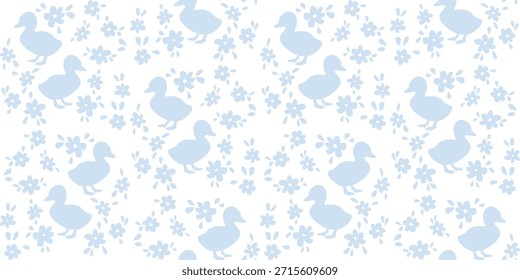 Seamless pattern with blue duckling silhouettes and tiny flowers on a clean white background. Calm vector design for nursery decor, baby products, textiles, and stationery.
