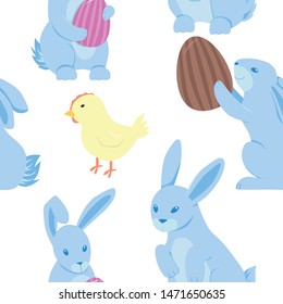 Seamless pattern with blue easter bunnies with easter eggs and yellow little chicken. Background for seasonal holidays.