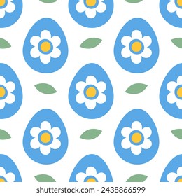 Seamless pattern with blue Easter eggs and daisies on white background. Cute hand drawn background for Easter cards, textiles, baby clothes, wallpapers in naive minimalist style. Clean design