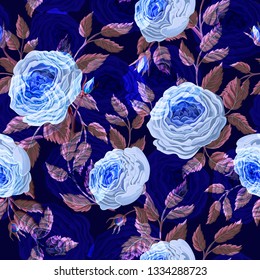 Seamless pattern with blue English roses. 